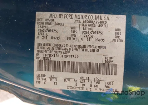 2001 Ford F-150 Lariat/Xl/Xlt из США, поврежденный, VIN 1FTRX18L31KF19749